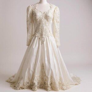 Vintage Mori Lee Wedding Dress Size 12 Satin Lace Pearl Beaded Train Long Sleeve